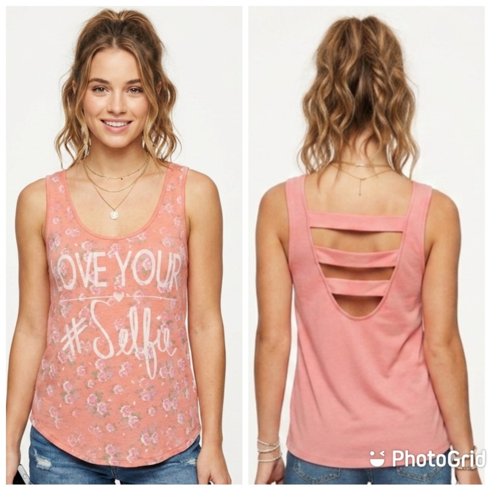 Love Your Selfie Pink Tank Top Juniors M Floral Strappy Back Boho Balletcore Y2K
